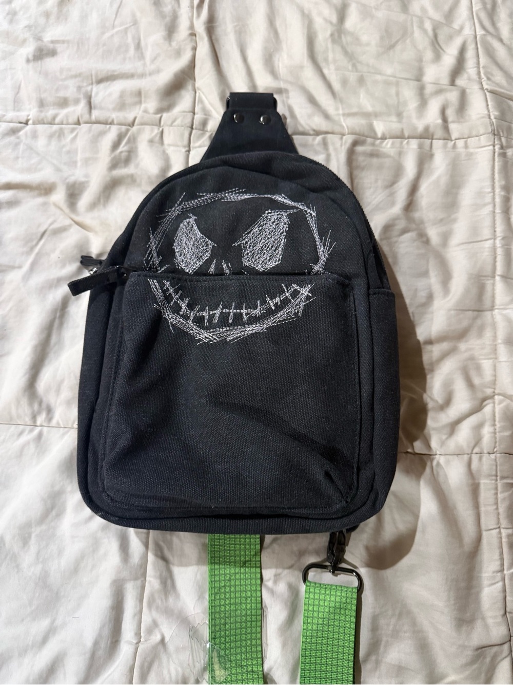 Jack skellington unisex Sling Bag with Green Strap -